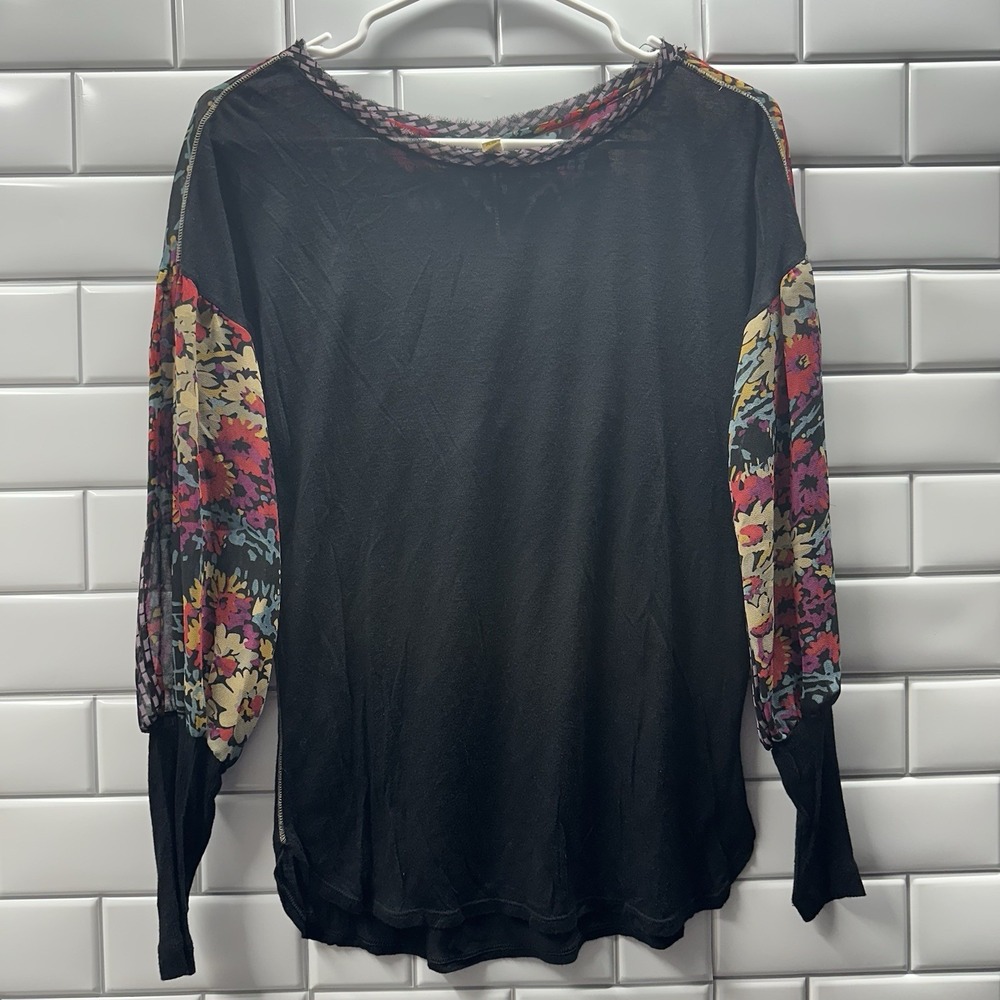 Anthropologie Tiny Women's XS Floral Puff Sleeve Long Sleeve Shirt Black Boho